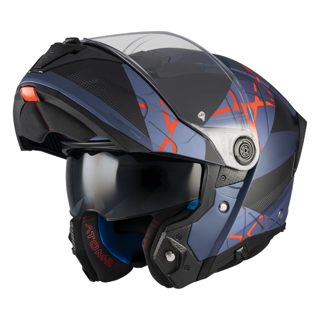 MT-Helmets Atom 2 SV Change C17 flip-up helmet in matt navy with orange and red — front three-quarter view