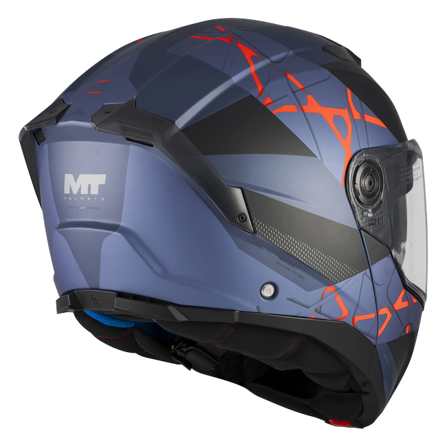 MT-Helmets Atom 2 SV Change C17 flip-up helmet in matt navy with orange and red — rear three-quarter view