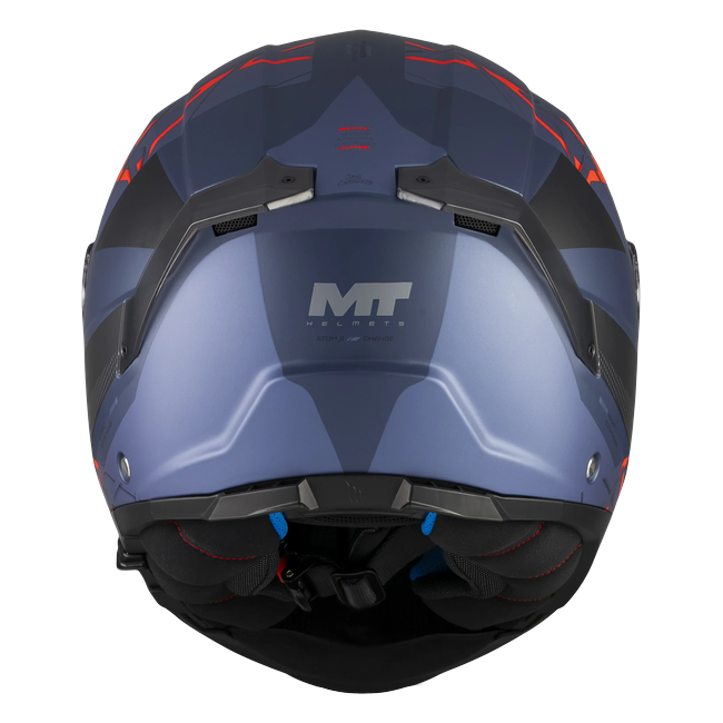 MT-Helmets Atom 2 SV Change C17 flip-up helmet in matt navy with orange and red — rear view