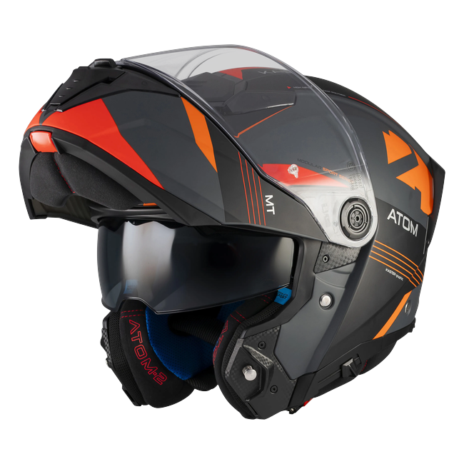 MT-Helmets Atom 2 SV Kaster C14 flip-up helmet in matt black and grey with orange — front three-quarter view