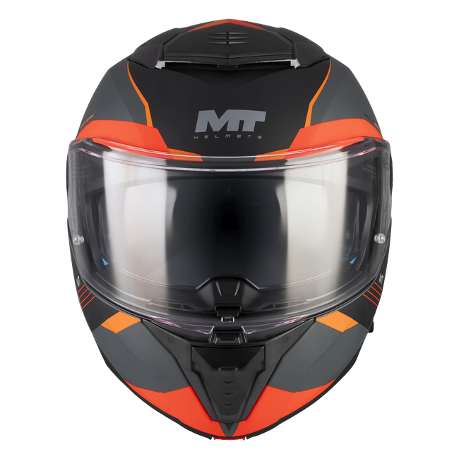 MT-Helmets Atom 2 SV Kaster C14 flip-up helmet in matt black and grey with orange — front view