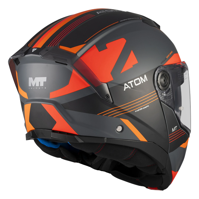 MT-Helmets Atom 2 SV Kaster C14 flip-up helmet in matt black and grey with orange — rear three-quarter view
