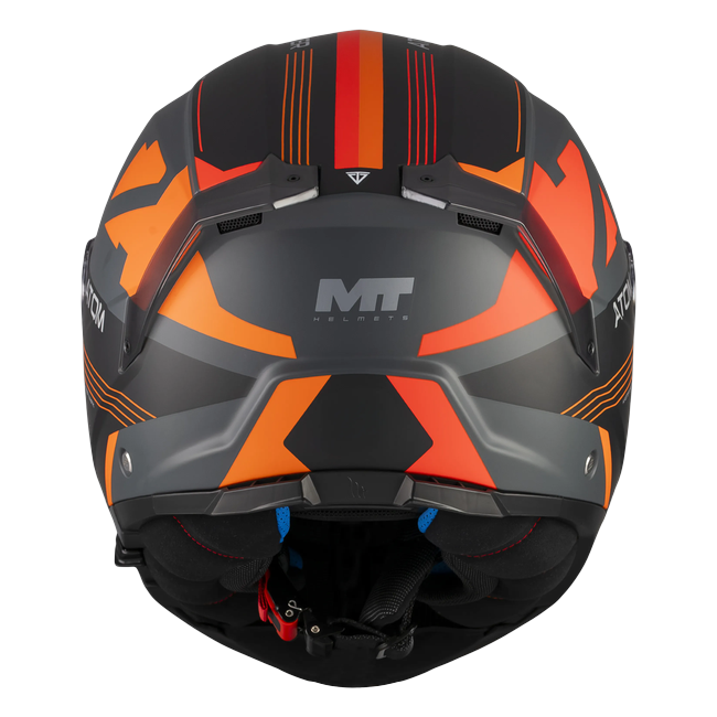 MT-Helmets Atom 2 SV Kaster C14 flip-up helmet in matt black and grey with orange — rear view