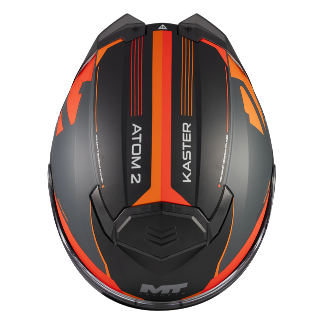 MT-Helmets Atom 2 SV Kaster C14 flip-up helmet in matt black and grey with orange — top view
