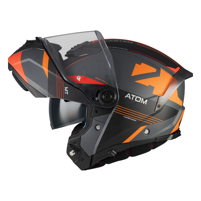 MT-Helmets Atom 2 SV Kaster C14 flip-up helmet in matt black and grey with orange — detail view