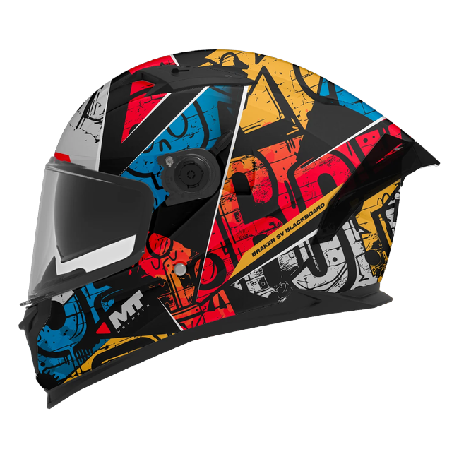 MT-Helmets Braker SV Blackboard B5 full-face helmet in grey with an orange and cyan collage — side view
