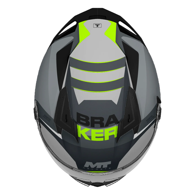 MT-Helmets Braker SV Inception C2 full-face helmet in matt grey with fluorescent yellow — rear three-quarter view