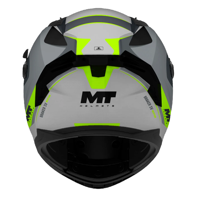 MT-Helmets Braker SV Inception C2 full-face helmet in matt grey with fluorescent yellow — rear view
