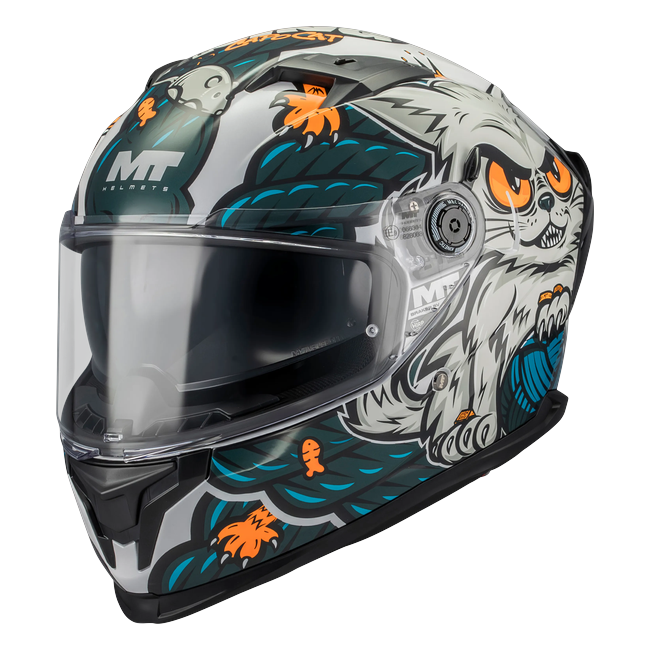 MT-Helmets Braker SV The King A7 full-face helmet in gloss cream with a cat illustration — front three-quarter view