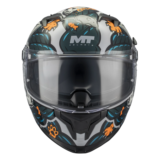 MT-Helmets Braker SV The King A7 full-face helmet in gloss cream with a cat illustration — front view