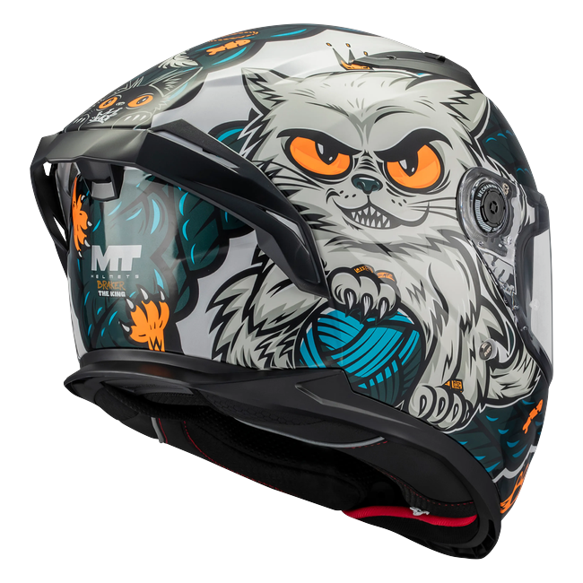 MT-Helmets Braker SV The King A7 full-face helmet in gloss cream with a cat illustration — rear three-quarter view