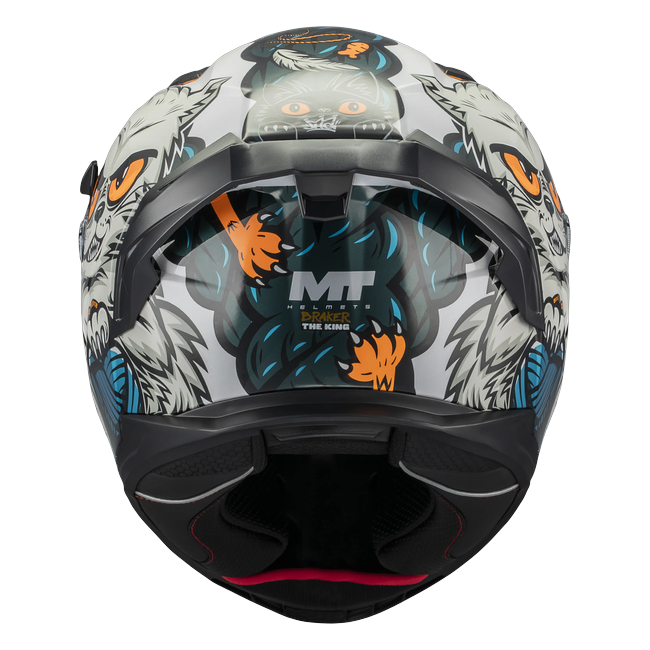 MT-Helmets Braker SV The King A7 full-face helmet in gloss cream with a cat illustration — rear view
