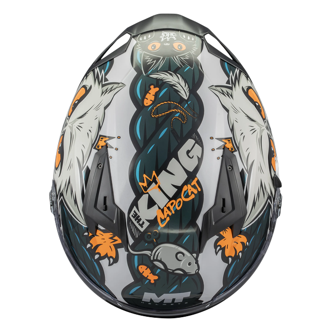 MT-Helmets Braker SV The King A7 full-face helmet in gloss cream with a cat illustration — top view