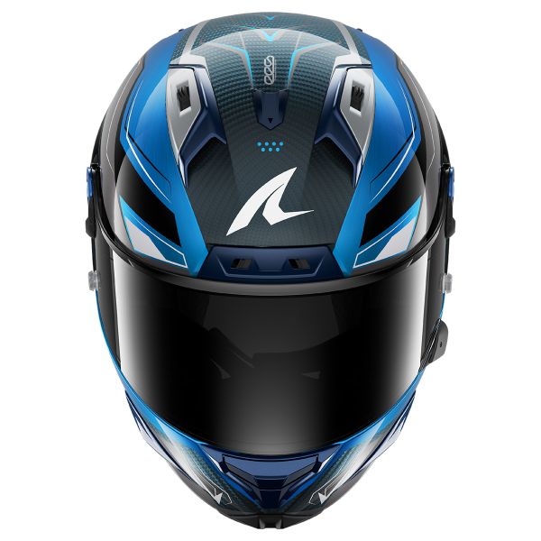 Shark Aeron full-face helmet in Mekarium DBS silver and blue carbon graphic