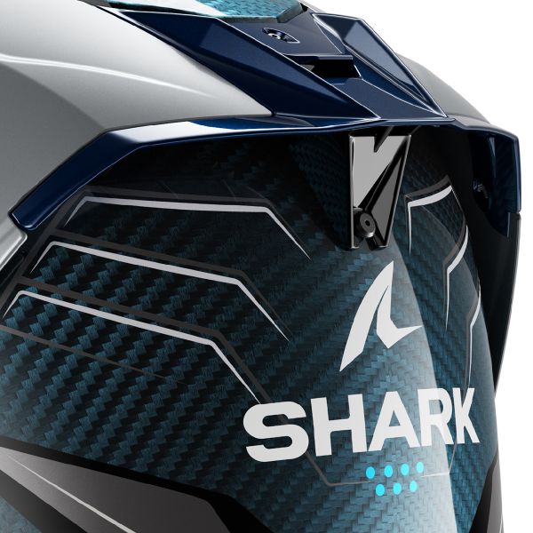 Shark Aeron full-face helmet in Mekarium DBS silver and blue carbon graphic