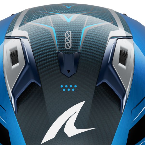 Shark Aeron full-face helmet in Mekarium DBS silver and blue carbon graphic