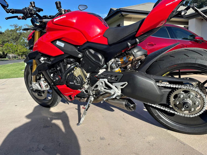 Vandemon Slip-On Low titanium exhaust system with carbon fibre end caps for Ducati Panigale V4/S/R 2018-2021