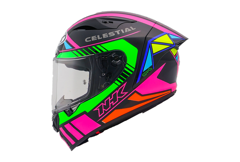 NHK GP-R Tech Race full-face racing helmet in Magi Black/Green/Pink gloss finish