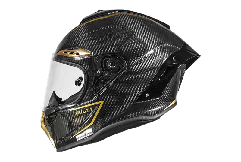 Just1 J-GPR full-face racing helmet in Golden Road carbon and gold finish