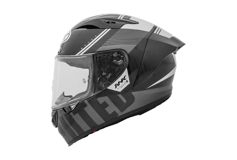 NHK GP-R Tech Race full-face race helmet in Undisputed Black and Silver gloss finish