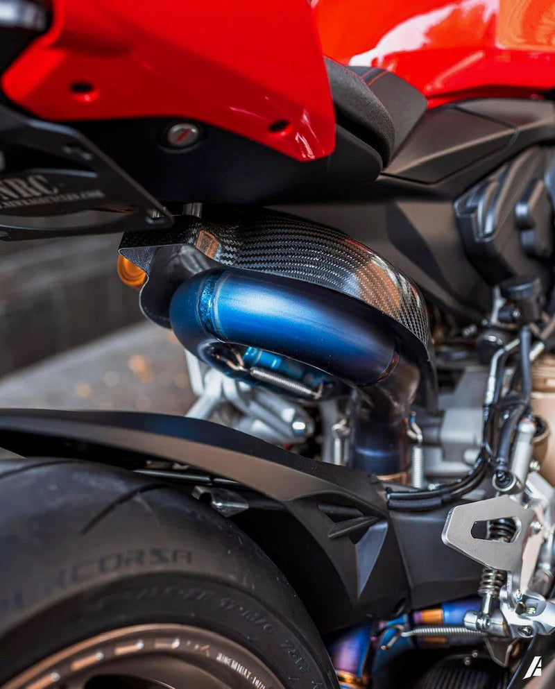 Vandemon Low Titanium full exhaust system on Ducati Panigale V2 955, naturally brushed finish
