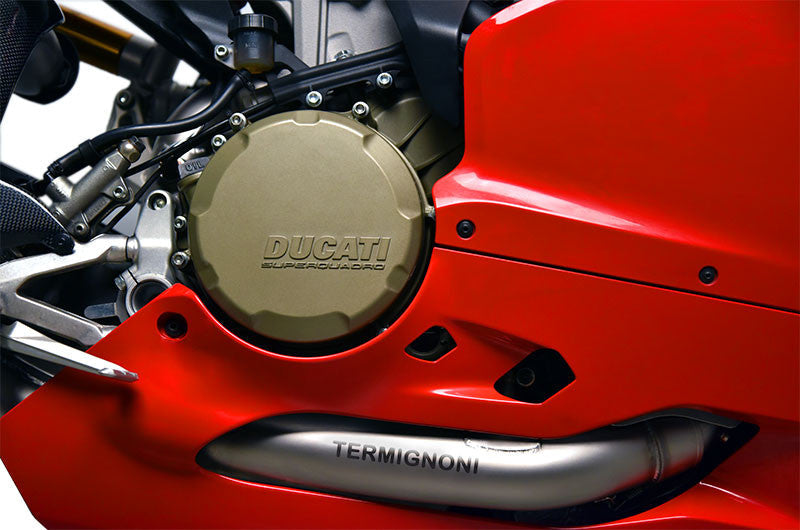 Termignoni Force full exhaust system on Ducati Panigale V2 955, titanium silencer with carbon end cap