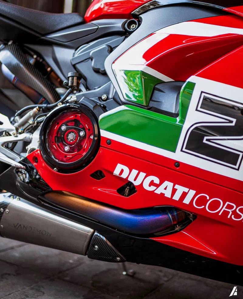 Vandemon Low Titanium full exhaust system on Ducati Panigale V2 955, naturally brushed finish