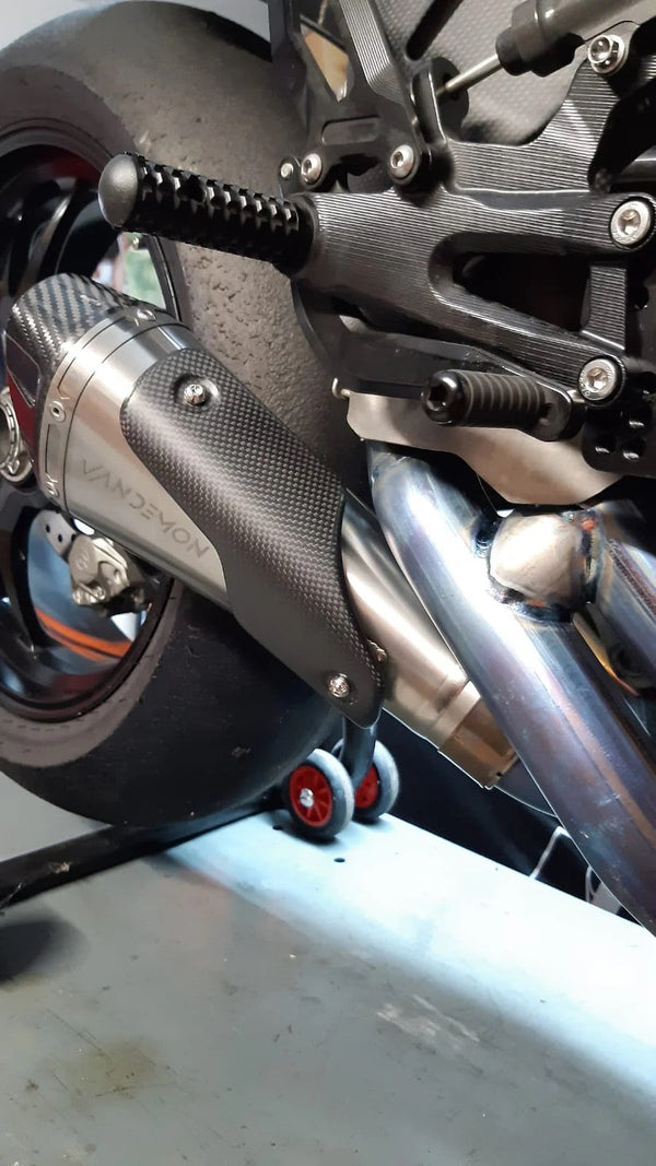 Vandemon Low Titanium full exhaust system on Ducati Panigale V4 natural brushed finish