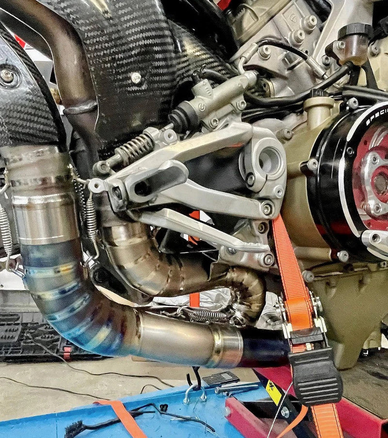Vandemon Ti1 titanium half-system exhaust fitted to Ducati Panigale V4, natural brushed finish