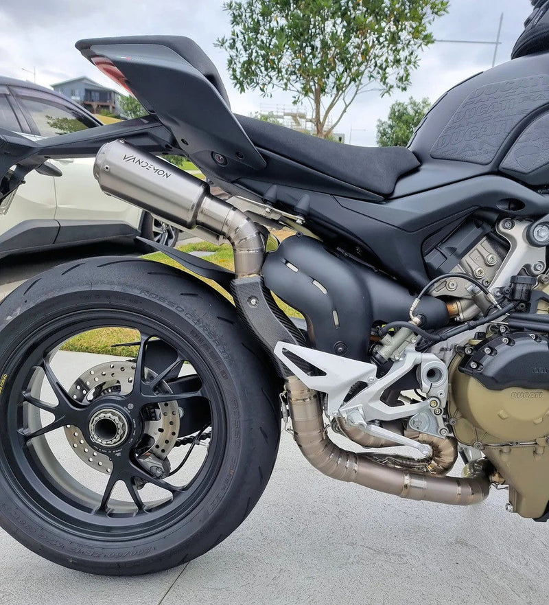 Vandemon Ti1 titanium half-system exhaust with carbon end caps on Ducati Panigale V4