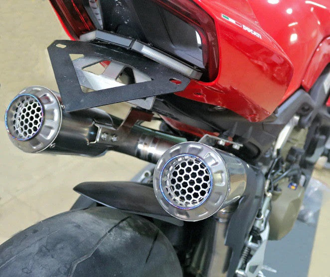 Vandemon Ti1 titanium half-system exhaust with carbon end caps on Ducati Panigale V4