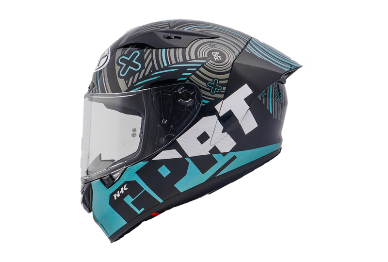 NHK GP-R Tech Race full-face race helmet in matte Target Black/Tosca colourway