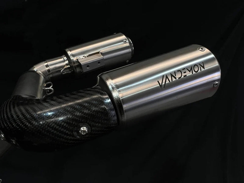 Vandemon Ti1 titanium half-system exhaust fitted to Ducati Panigale V4, natural brushed finish