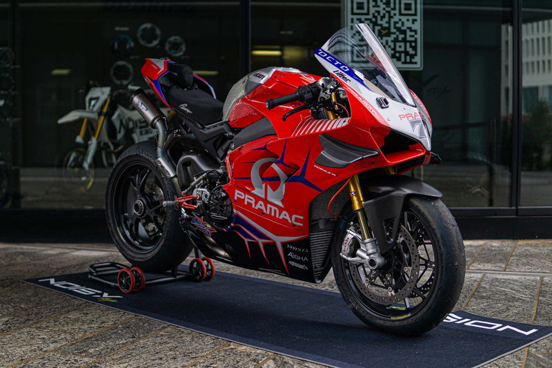 Spark DYNO titanium half exhaust system on Ducati Panigale V4, carbon end caps, GDU8847