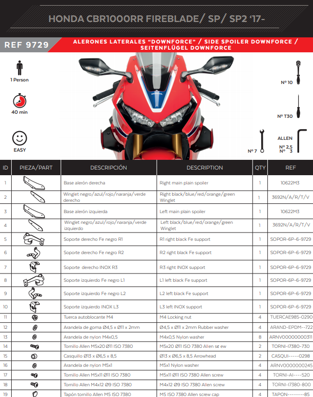 Puig Downforce Winglets Spoiler model 9729 for Honda CBR 1000 RR SC77 2017-2019