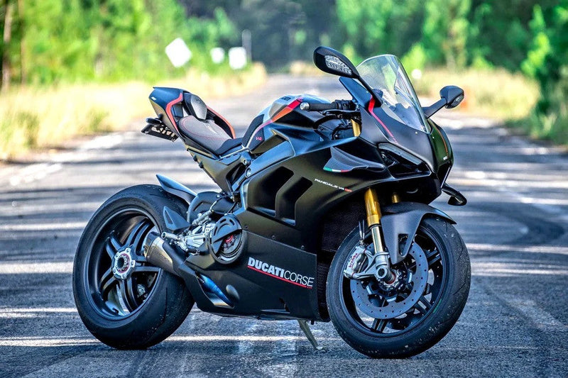 Vandemon Low Titanium full exhaust system on Ducati Panigale V4 naturally brushed finish