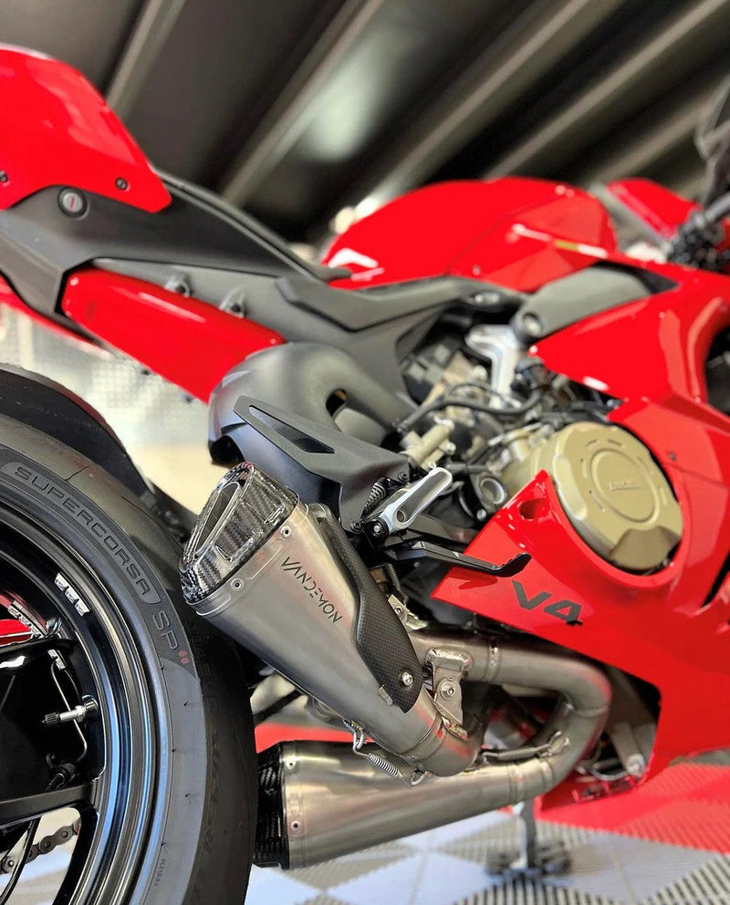Vandemon Slip-On Low titanium exhaust system with carbon fibre end caps for Ducati Panigale V4/S/R 2018-2021