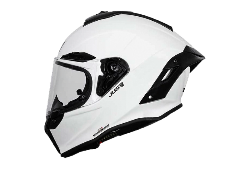 Just1 J-GPRF racing helmet in solid gloss white, front three-quarter view