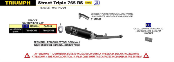 Arrow Racing Veloce slip-on silencer 71002VAN in Aluminium Dark with carbon end cap for Triumph Street Triple 765