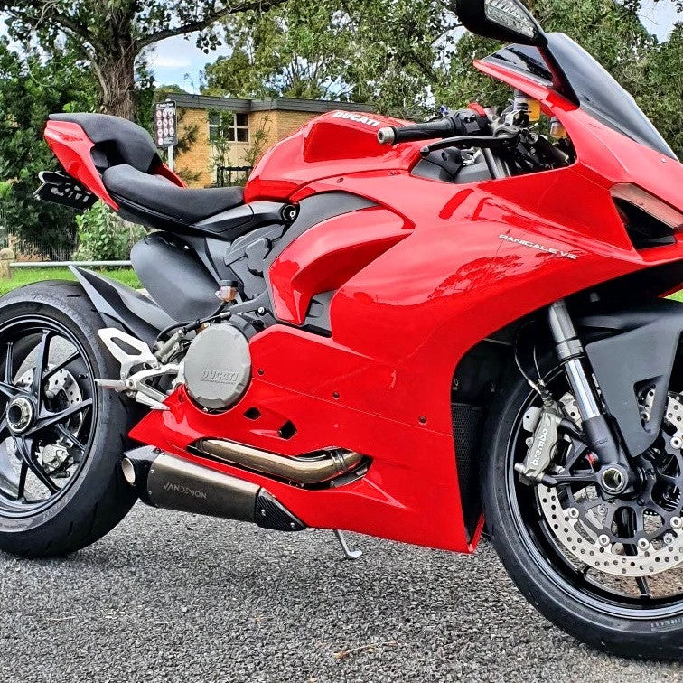 Vandemon Slip-On Low Titanium exhaust system on Ducati Panigale V2 955 with carbon fibre end caps