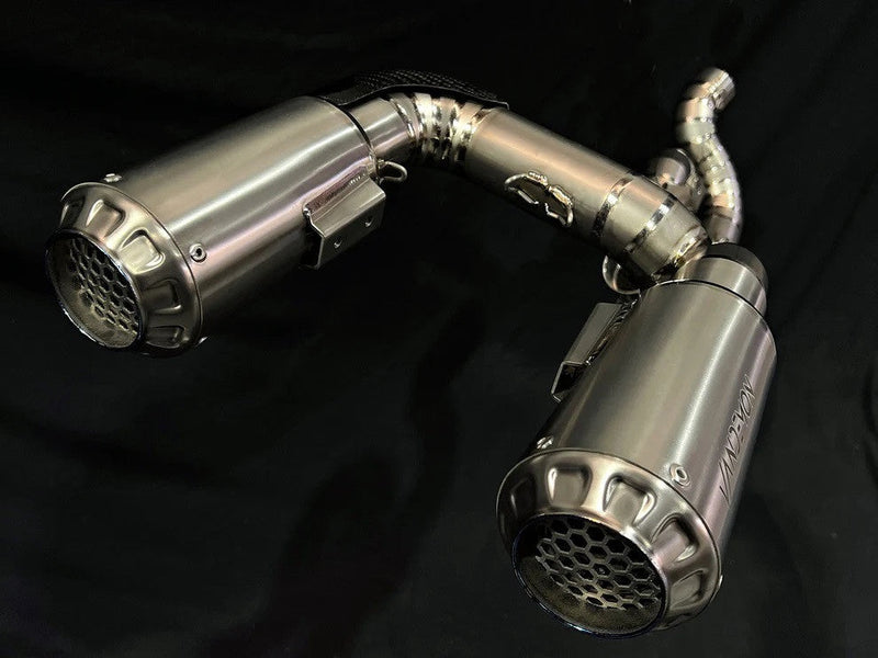 Vandemon Ti1 titanium half-system exhaust with carbon end caps on Ducati Panigale V4