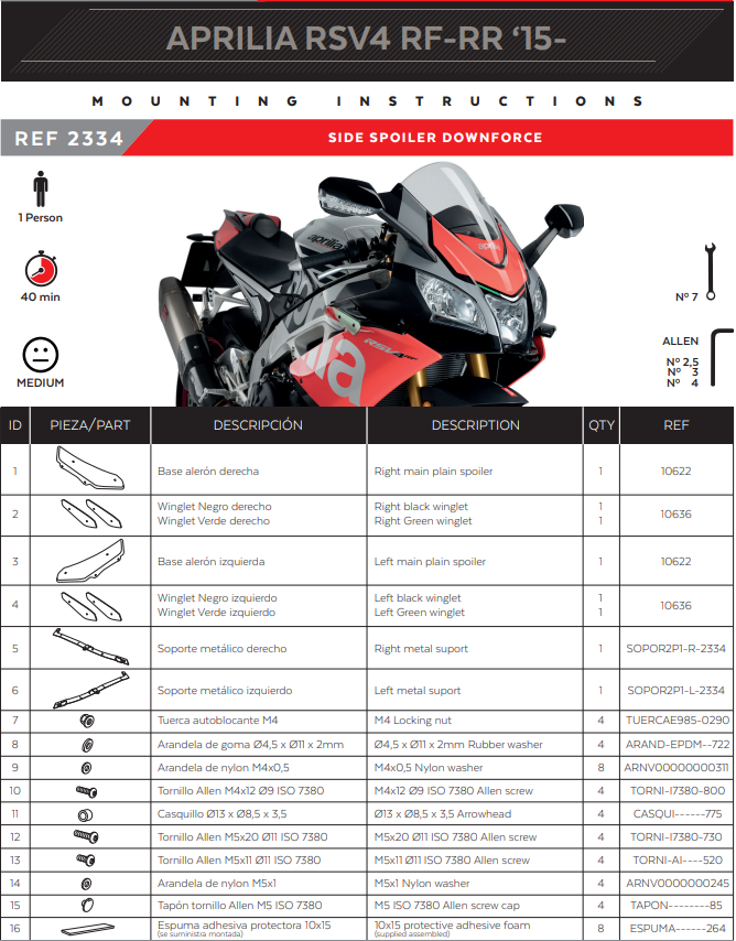 Puig 2334 downforce winglets spoiler for Aprilia RSV4 RR RF 1100 Factory 2015-2020