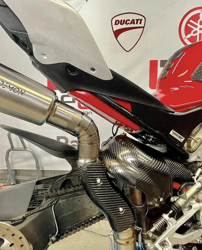 Vandemon Ti1 titanium half-system exhaust fitted to Ducati Panigale V4, natural brushed finish