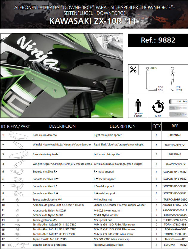 Puig model 9882 downforce sport winglets for Kawasaki ZX-10 R/RR 2011–2020