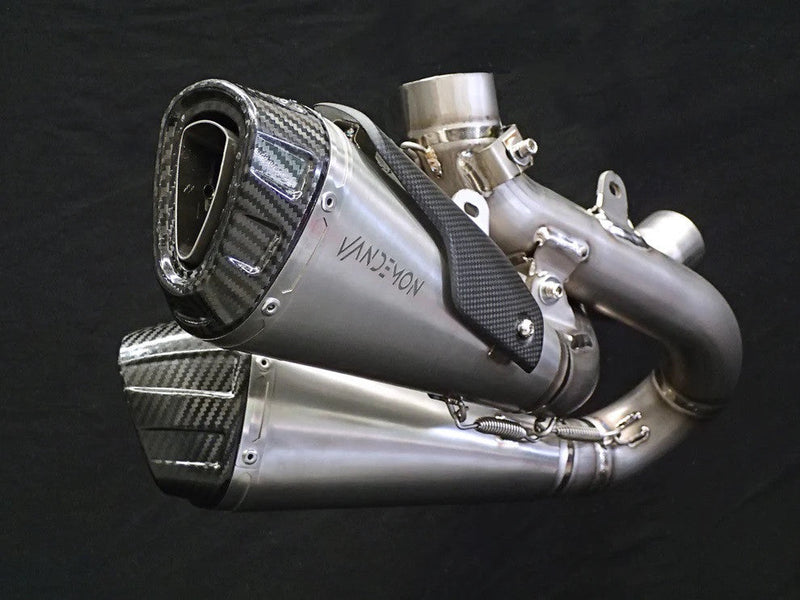 Vandemon Slip-On Low titanium exhaust system with carbon fibre end caps for Ducati Panigale V4/S/R 2018-2021