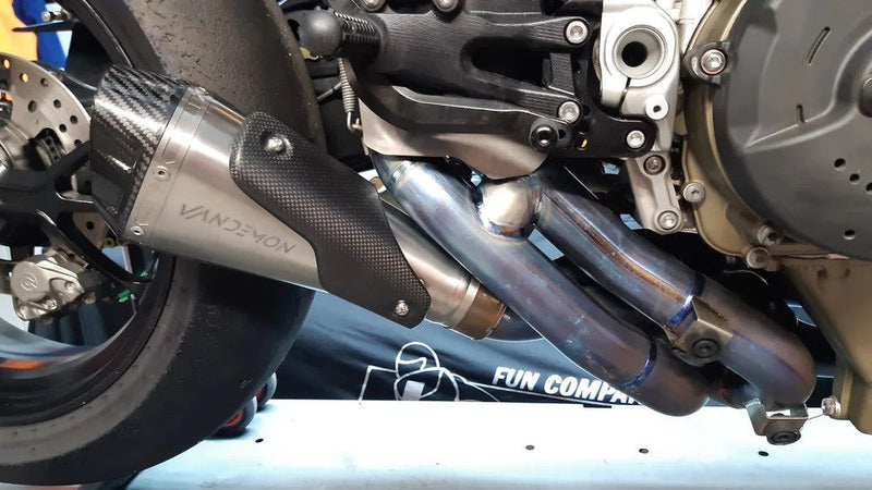 Vandemon Low Titanium full exhaust system on Ducati Panigale V4 natural brushed finish