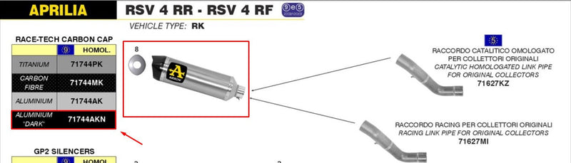 Arrow Race-Tech 71744AKN slip-on silencer dark aluminium with carbon end cap for Aprilia RSV4 2015-2016