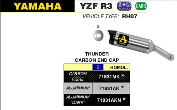 Arrow Thunder slip-on silencer dark aluminium carbon end cap Yamaha YZF-R3 71831AKN