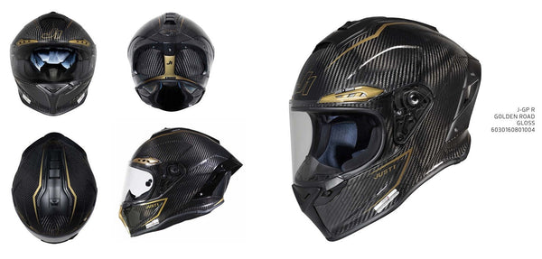 Just1 J-GPR full-face racing helmet in Golden Road carbon and gold finish