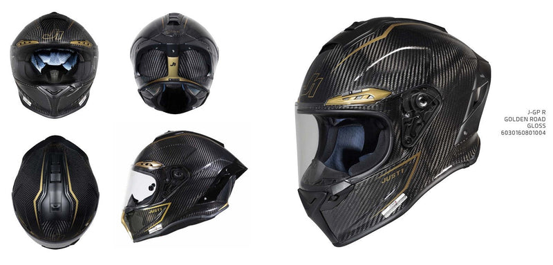 Just1 J-GPR full-face racing helmet in Golden Road carbon and gold finish